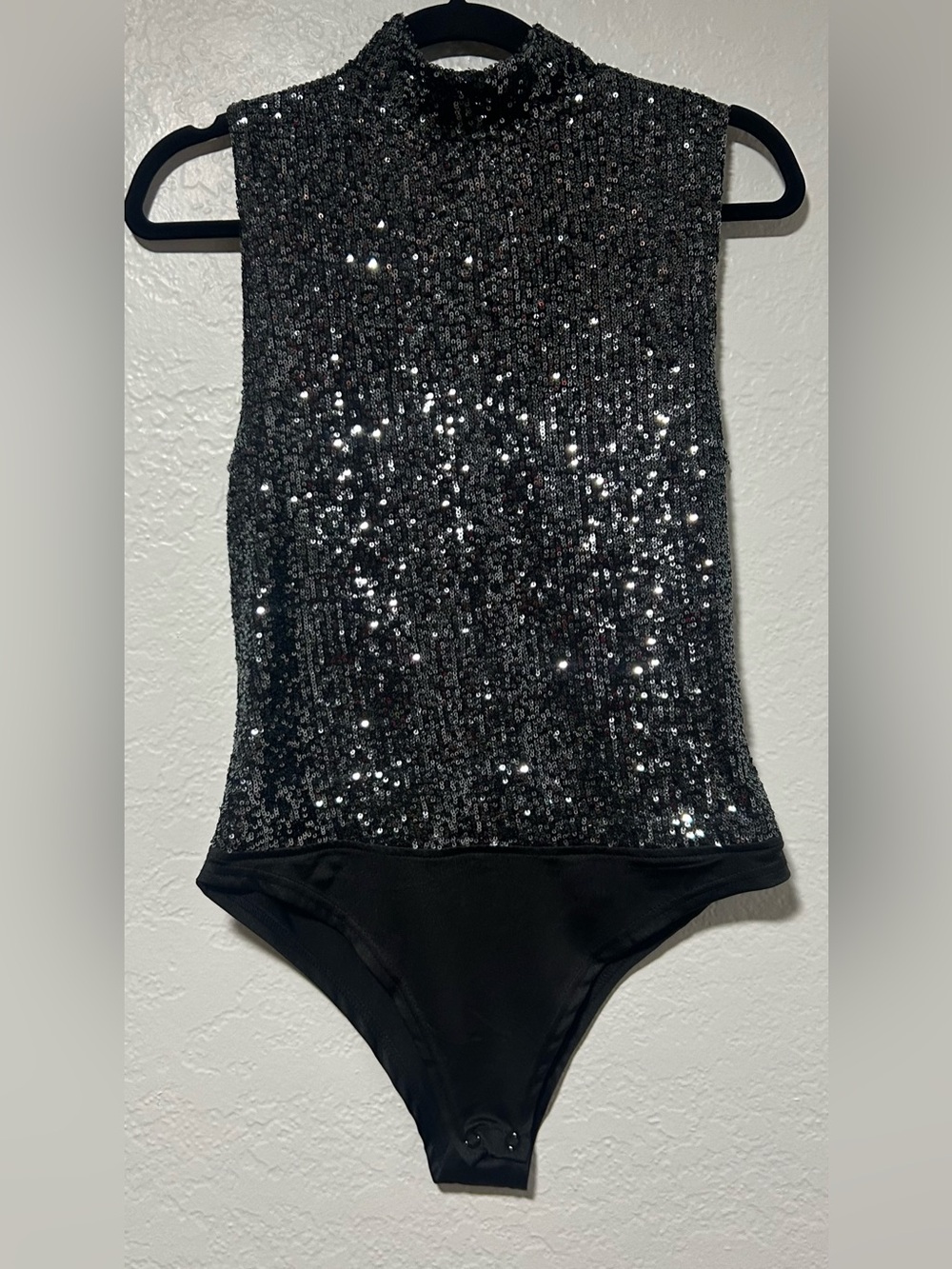 BB Dakota Steve Madden Black Silver Sequin Mock Neck One-Piece Bodysuit